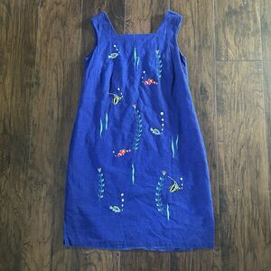 Womens Dress Size 14 W Blue Sheath Sleeveless Linen Fish Embroidery Sea Aquarium